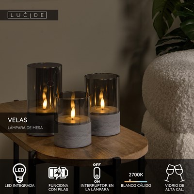 Lucide VELAS - Lámpara de mesa - Batería/pilas - Ø 8 cm - LED - 3x0,2W 2700K - Ahumado - Set de 3